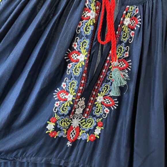 Kyla Seo Blue Red Floral Embroidered Tassels Peasant Boho Hippie Top Size L - Picture 3 of 11
